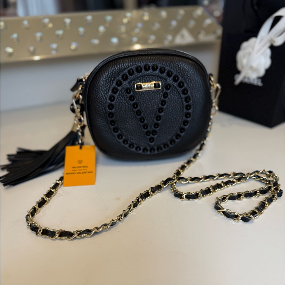 Valentino By Mario Valentino Black Crossbody Bag with Gold Accents